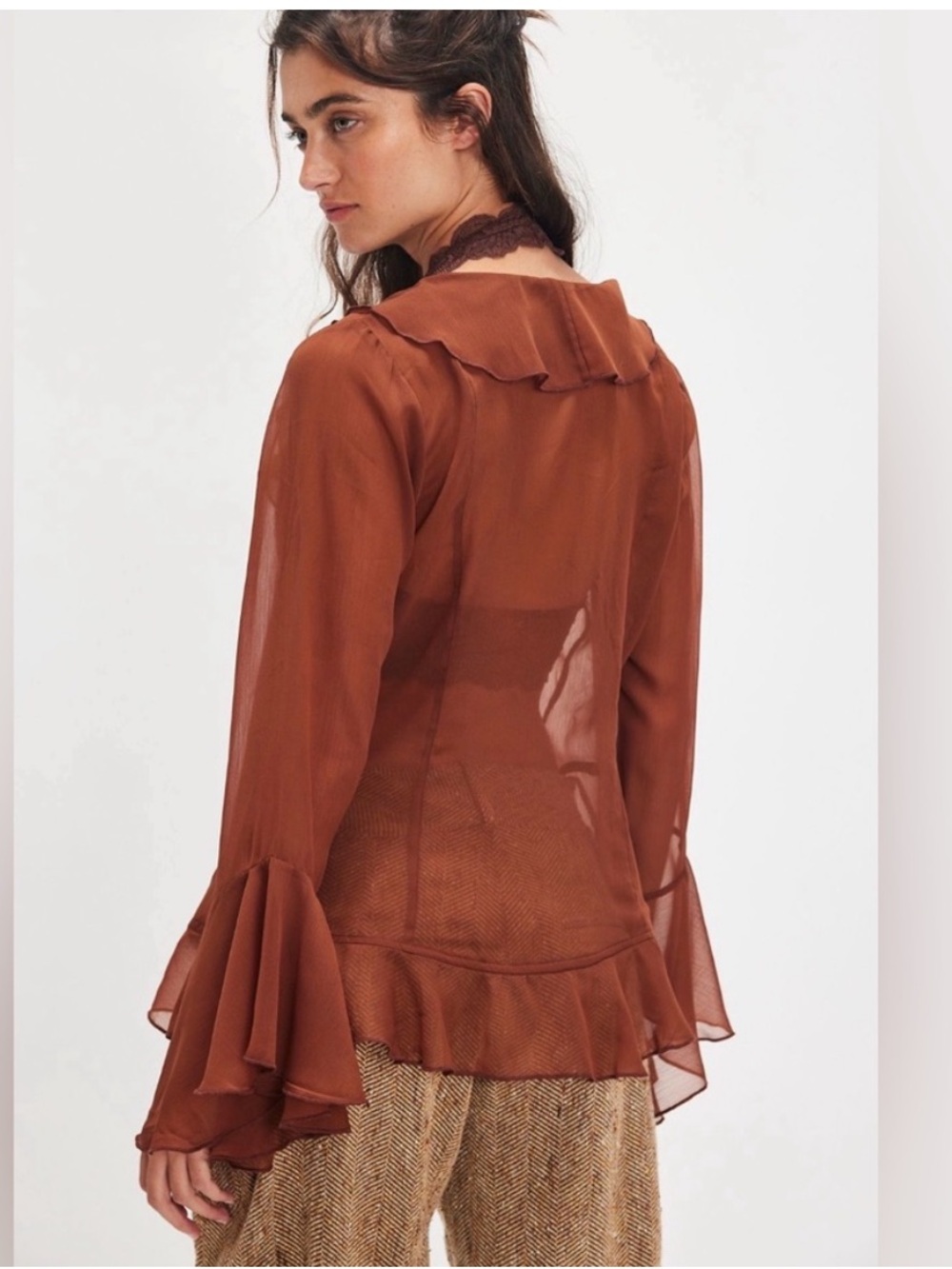 FREE PEOPLE Bali Tulula Chiffon V-Neck Blouse Top in Umber Earth NWT - Picture 4 of 11
